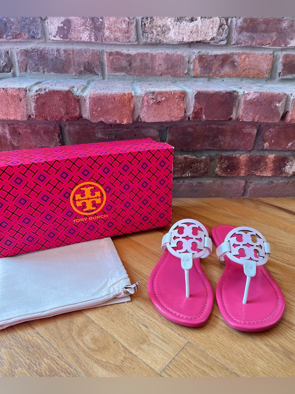 Tory Burch Pink & White Strawberries N’ Cream Patent Leather Miller Sandals